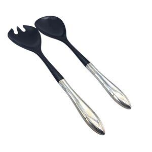 Reverie 1937 Silverplate by Oneida Salad Serving Set Black Plastic & Silver Vtg